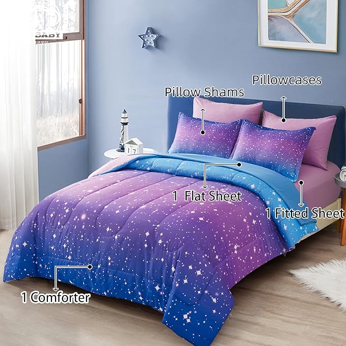 Drucon Girls Comforter Set Queen Size 7 Pieces Bed in A Bag Ombre Blue Purple Rainbow Bedding Set for Kids & Women (1 Comforter, 1 Flat Sheet, 1 Fitted Sheet, 2 Pillow Shams, 2 Pillowcases)