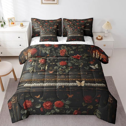 Erosebridal Vintage Piano Print Comforter Set King with Sheets,Girls Music Theme 7 Piece Bedding Set Musical Instruments Bedroom Decor,Butterfly Rose Flower Bed in a Bag with Pillowcases & Shams