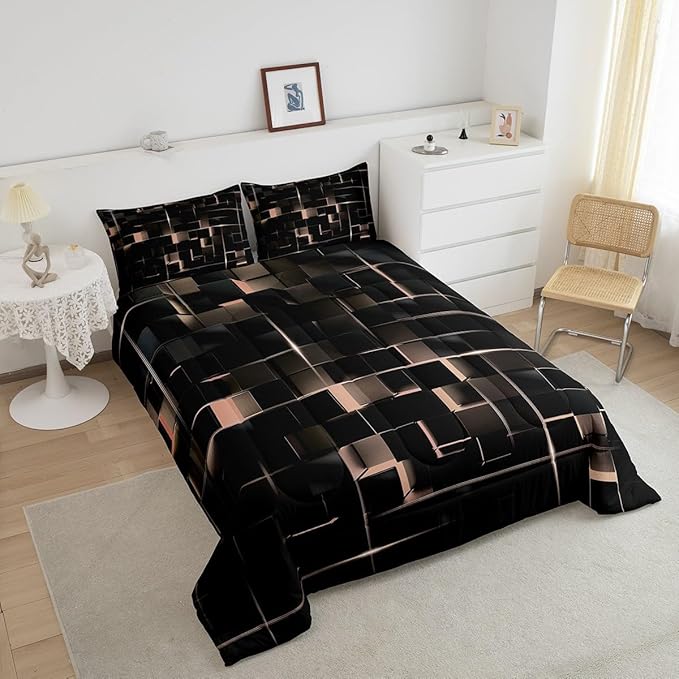 Erosebridal Light Yellow Black Full Comforter Set Geometric Light Honeycomb Bedding Set for Kids Teens Adult, Decor Down Comforter Modern Style Quilt, Microfiber Lightweight All Season