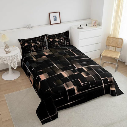 Erosebridal Light Yellow Black Full Comforter Set Geometric Light Honeycomb Bedding Set for Kids Teens Adult, Decor Down Comforter Modern Style Quilt, Microfiber Lightweight All Season