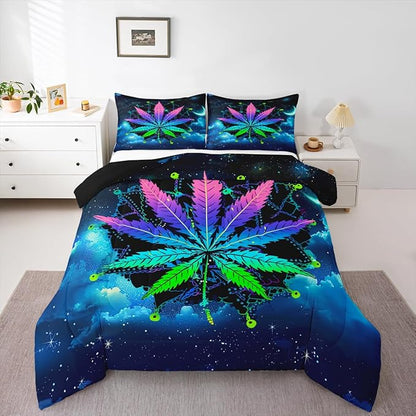 Erosebridal Leaves Comforter Set Bohemian Mandala Duvet Set Queen Size Leaf Quilt Set Galaxy Starry Sky Quilted Duvet, Blue Purple Bedding Set for Room Decor