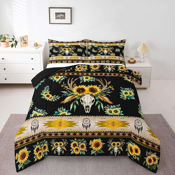 Erosebridal Western Comforter Set Queen,Sunflower Bull Skull Quilt Bohemian Flowers Bedding Sets,Exotic Dream Catchers Duvet Insert Southwestern Tribe Arrow Aztec Western Home Decor