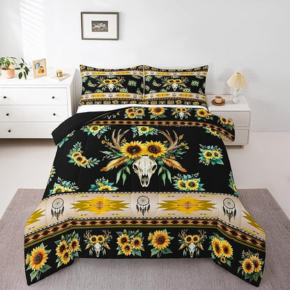 Erosebridal Western Comforter Set Queen,Sunflower Bull Skull Quilt Bohemian Flowers Bedding Sets,Exotic Dream Catchers Duvet Insert Southwestern Tribe Arrow Aztec Western Home Decor