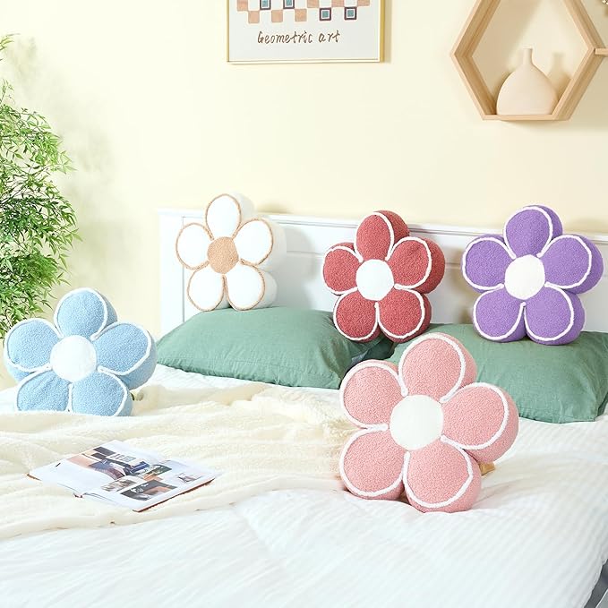 Sioloc Flower Shaped Pillow Daisy Pillows Floor Cushion Pastel Cute Seat Cushions Aesthetic Classroom Dorm Decorative Fun Throw Pillow for Bed,Couch(Lavender,15.7")