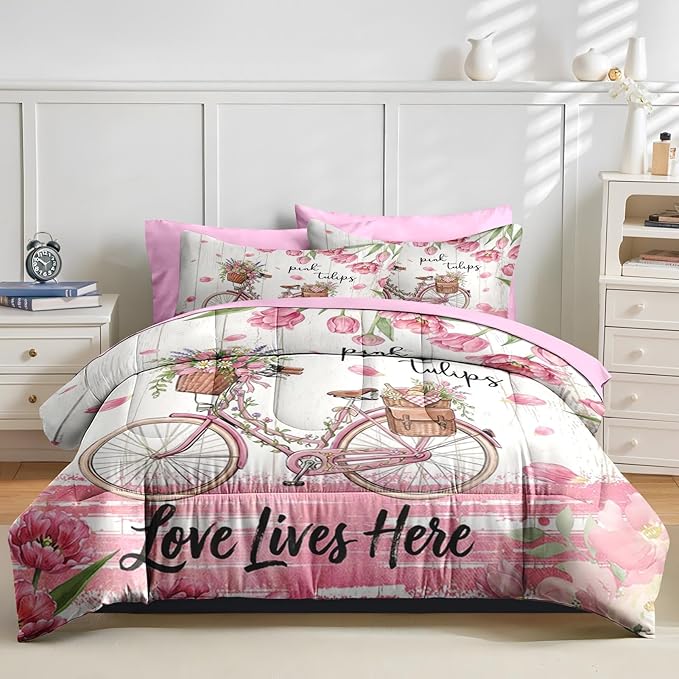 Nesker 7 Pcs Spring Comforter Set King Size, Pink Tulips Bicycle Bedding Set for Kids and Adults, Farmhouse Bed Sheet Sets with Fitted Sheet 2 Pillowcases & 2 Shams