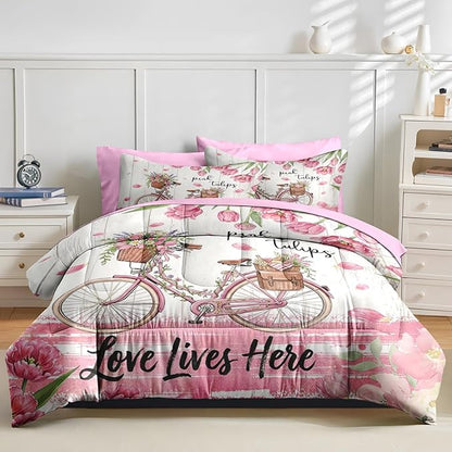 Nesker 7 Pcs Spring Comforter Set King Size, Pink Tulips Bicycle Bedding Set for Kids and Adults, Farmhouse Bed Sheet Sets with Fitted Sheet 2 Pillowcases & 2 Shams