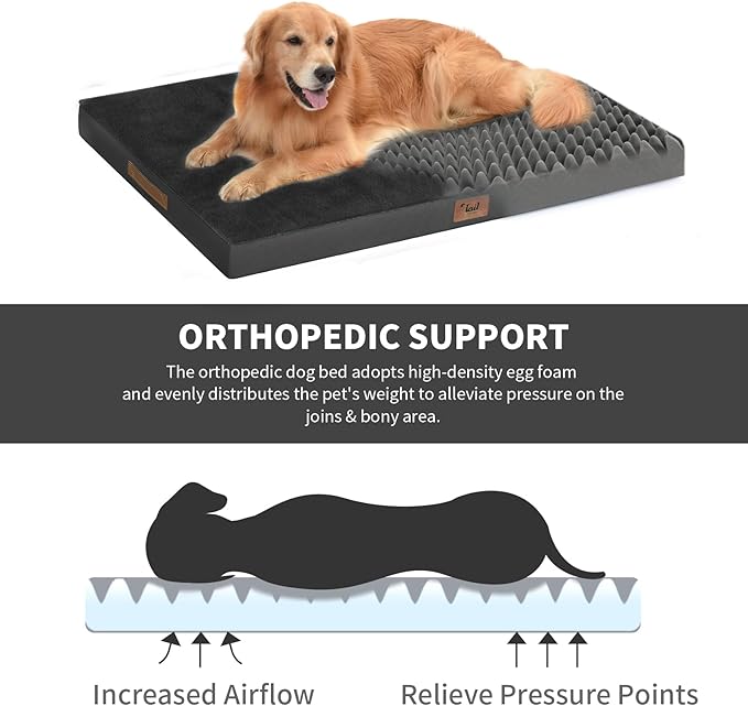 Flat Extra Large Dog Bed, Jumbo Waterproof Dog Bed for Large Dogs, Orthopedic Egg Crate Foam Pet Mat with Removable Washable Cover, Black