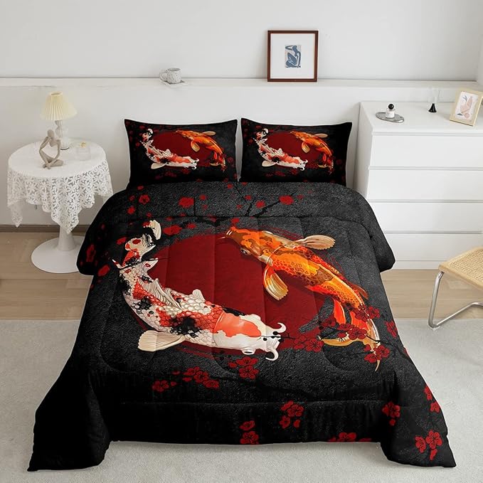 Koi Fish Kids Comforter Set Queen Size,Marine Animals Cherry Blossom Branch Romantic Bedding Set,Girls Boys Adults Xmas Decor,Japanese Ukiyo-e Down Comforter,Red Black Duvet Insert,2 Pillowcases
