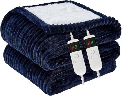 Heated Blanket Electric Queen, Soft Flannel Heating Blanket with 8 Hours Auto Off 10 Fast Heating Levels Machine Washable Sherpa Heated Blanket with Overheating Protection