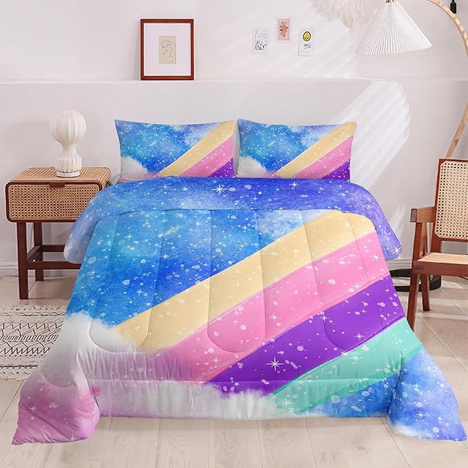 3 Piece Rainbow Twin Size Comforter Set for Teen Girls Adults,Stars Soft Bedding Sets All Season,Blue Space Quilt Set Season Alternative Down Bedding with 2 Pillowcase
