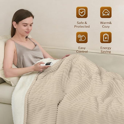 Reaks Electric Heated Blanket Twin, Silky Soft Flannel & Sherpa Twin Electric Blanket with 9 Heat Levels & 2-10 Hours Auto Off, Warm Gifts for Women Mom Grandma, ETL Certified (62x84 inches, Beige)