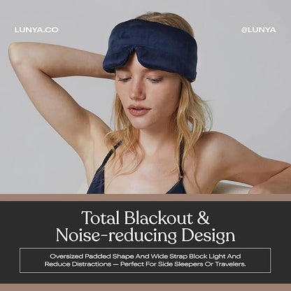 Lunya Weighted Silk Sleep Mask – Mulberry Silk Eye Cover with Cooling Glass Beads, Noise-Reducing Fit, Washable Fabric, and Travel Pouch – Sleeping Mask for Men and Women - Deep Blue – Large