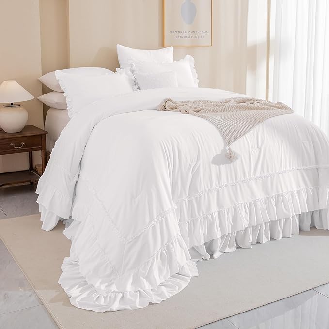 Masaca Oversized King Comforter 128x120,Farmhouse Shabby Boho Chic Ruffled Bedding Comforter Set,3Pcs Netural White Ruffle Comforter Rustic French Country Extra Large King Size Bedding Set