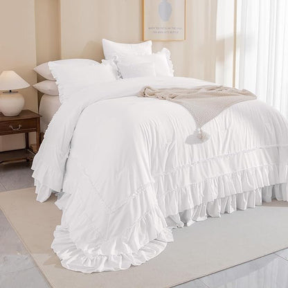 Masaca 120x120 Oversized King Comforter,Farmhouse Shabby Boho Chic Netural White Ruffle California King Comforter Set French Country Rustic Bedding 3PCS (1 Ruffled Comforter+2 Pillow Shams)