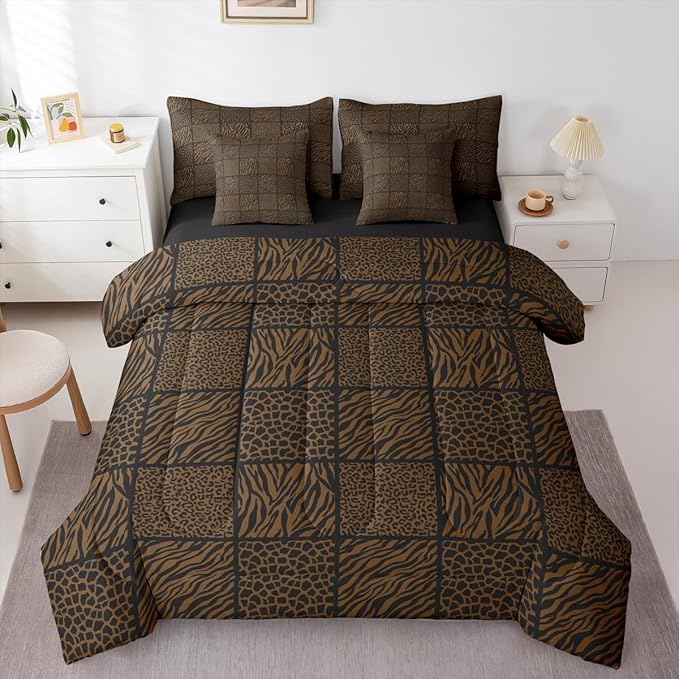 Safari Animals Fur Print Comforter Sets Full 7 Pcs,Wildlife Zebra Skin Kids Bedding Set,Jungle Animal Brown Duvet Set with Comforter,Flat Sheet,Fitted Sheet,Pillowcases and Pillow Covers,Reversible