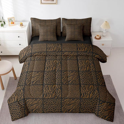 Safari Animals Fur Print Kids Comforter Sets in a Bag 7 Pcs,Wildlife Leopard Zebra Skin Bedding,Jungle Animal Brown Double-Sided Print Bed Sets in a Bag with Comforter,Sheets and Pillow Cases,Twin