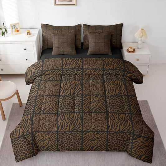 Safari Animals Fur Print Kids Comforter Sets in a Bag 7 Pcs,Wildlife Leopard Zebra Skin Bedding,Jungle Animal Brown Double-Sided Print Bed Sets in a Bag with Comforter,Sheets and Pillow Cases,Twin
