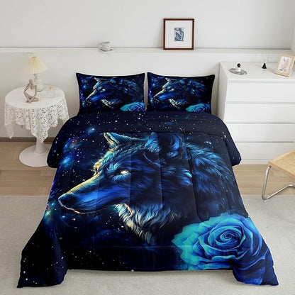 Galaxy Wolf Comforter Set for Kids Adults,Romantic Rose Mystery Universe Bedding Comforter Sets Full,Tie Dyed Starry Sky Quilt Comforter with 2 Pillowcases for All Season Bedroom