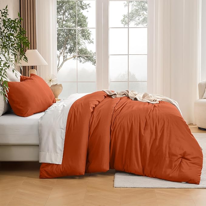 Andency Burnt Orange Twin Size Comforter Set, Terracotta Solid Comforter Set 2 Pieces, All Season Lightweight Fluffy Bed Comforter Set for Kids, Girls (1 Boho Comforter & 1 Pillowcase)