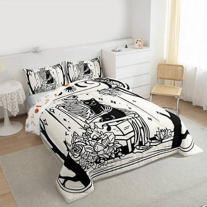 Erosebridal Halloween Gothic Skull Comforter Set King, Skeleon Holding Cat Bedding Set, Gothic Floral Comforter for Kids Teens Boys Adults Goth Room Decor, Sun and Moon Quilt, Lightweight