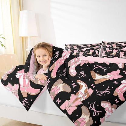 Feelyou Black Pink Western Bedding Set Cowgirl Cowboy Boots Comforter Set for Kids Boys Girls Teens Room Decor Cute Bowknot Dreamy Princess Style Comforter Toddler Size Girly Duvet Set 2Pcs