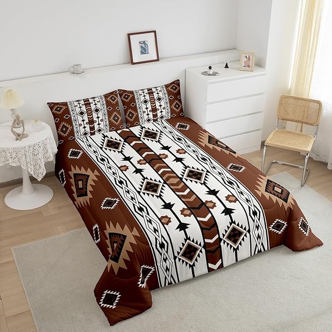 Erosebridal Western Comforter Set Brown Rustic Boho Aztec Bedding Set Queen Size,Country Cabin Lodge Quilt Comforter for Boys Adults Men Southwestern Ethnic Tribal Bed Duvet Set 3 Pcs