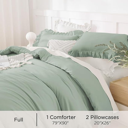 Andency Sage Green Comforter Set Full, 3 Pieces Lightweight Soft Ruffle Bed Comforter, Farmhouse Rustic Fluffy Microfiber Down Alternative Bedding Set (79x90Inch Comforter)