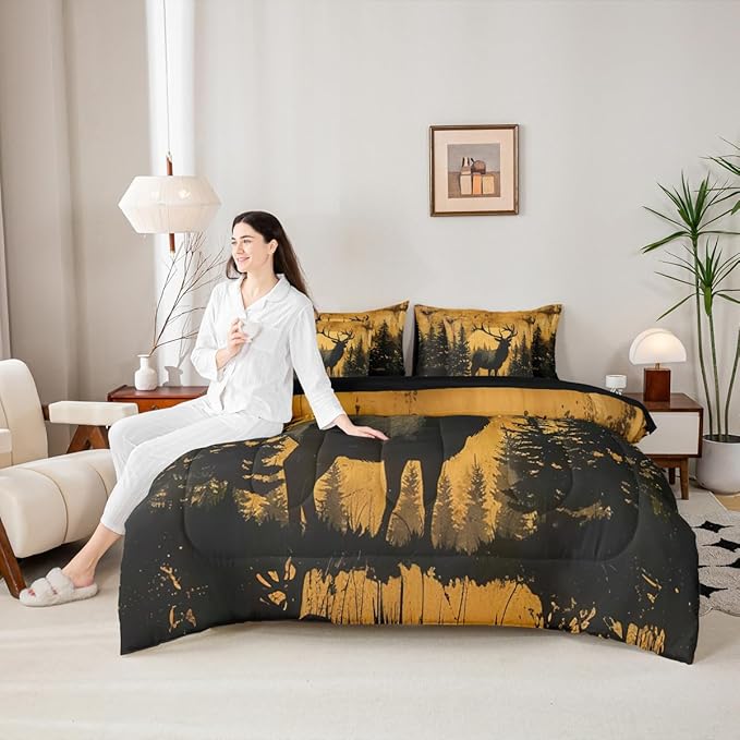 Erosebridal Full Size Rustic Cabin Lodge Comforter Set with Sheets 7 Pcs | Hunting Deer Bedding Set for Kids Boys Teens Adults Rural Country Cute Deer Bed Sets Woodland Farmhouse Animal Quilt Sets