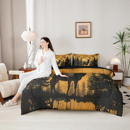 Erosebridal Full Size Rustic Cabin Lodge Comforter Set with Sheets 7 Pcs | Hunting Deer Bedding Set for Kids Boys Teens Adults Rural Country Cute Deer Bed Sets Woodland Farmhouse Animal Quilt Sets