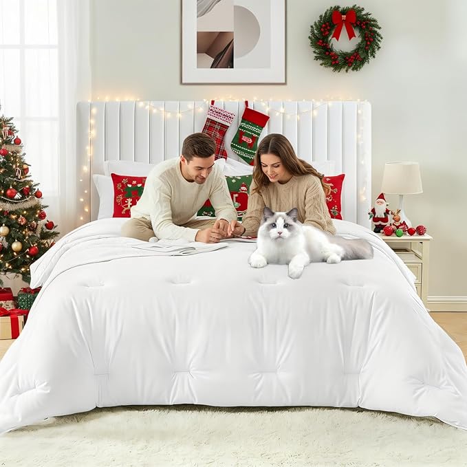 King Size Comforter Set 7 Pieces - White Soft Bed in a Bag King Bed Set, Cozy Luxury Bedding Sets with All Season Comforter, Flat Sheet, Fitted Sheet, 2 Pillowcases & 2 Shams