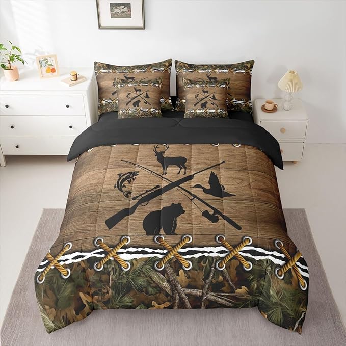 Hunting Comforter Set Twin Comforter Set with Sheets | Bass Fish Duck Bear Deer 7 Piece Bedding Sets Camo Country Fishing Bed in a Bag, Farmhouse Woodland Animals Room Decor,Rustic Cabin Decor