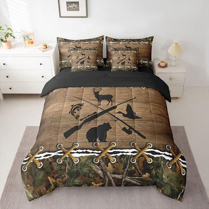Hunting Comforter Set Twin Comforter Set with Sheets | Bass Fish Duck Bear Deer 7 Piece Bedding Sets Camo Country Fishing Bed in a Bag, Farmhouse Woodland Animals Room Decor,Rustic Cabin Decor