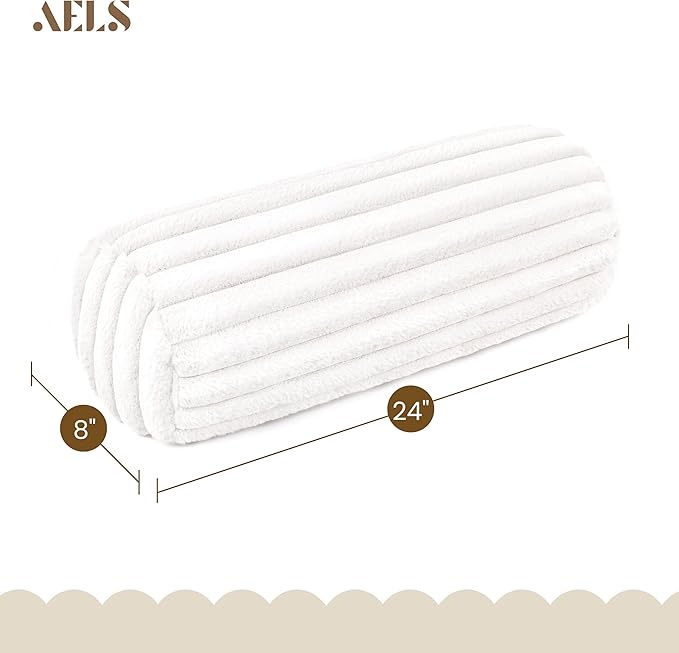 AELS Faux Fur Striped Cylinder Pillows Set of 2, 8" x 24" Decorative Modern Bolster Pillows with Removable Washable Cover & Insert, Body Pillow for Couch Bed, Living Room Bedroom Nursery Decor, White