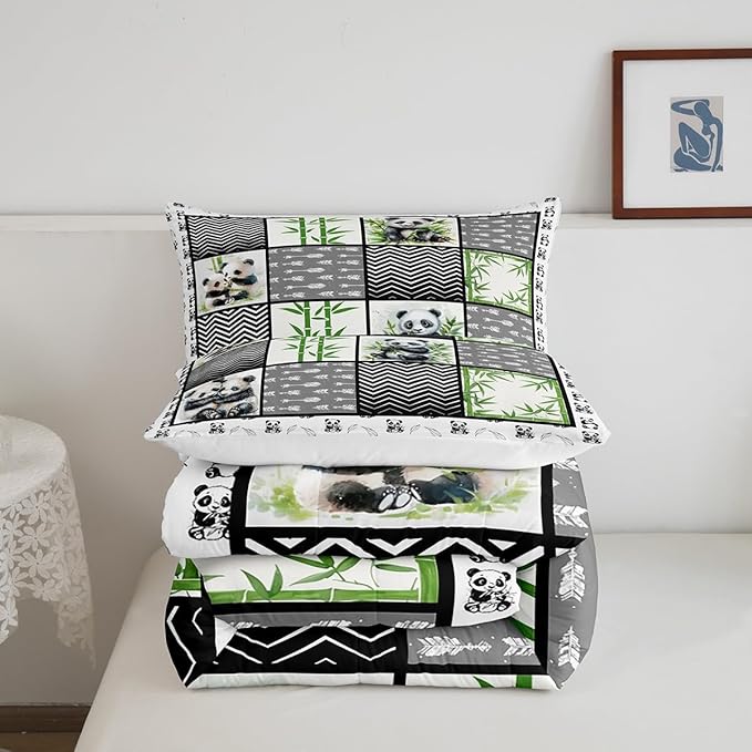 Kawaii Panda Full Size Comforter Sets for Kids Boys Girls,Green Botanical Leaves Bedding Sets Youth Men Bedroom Decor,Cartoon Bear Black White 3 Pieces Quilt Set,Splicing Geometric Duvet Insert