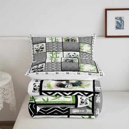 Kawaii Panda Twin Size Comforter Sets for Kids Boys Girls,Green Botanical Leaves Bedding Sets Youth Men Bedroom Decor,Cartoon Bear Black White 2 Pieces Quilt Set,Splicing Geometric Duvet Insert