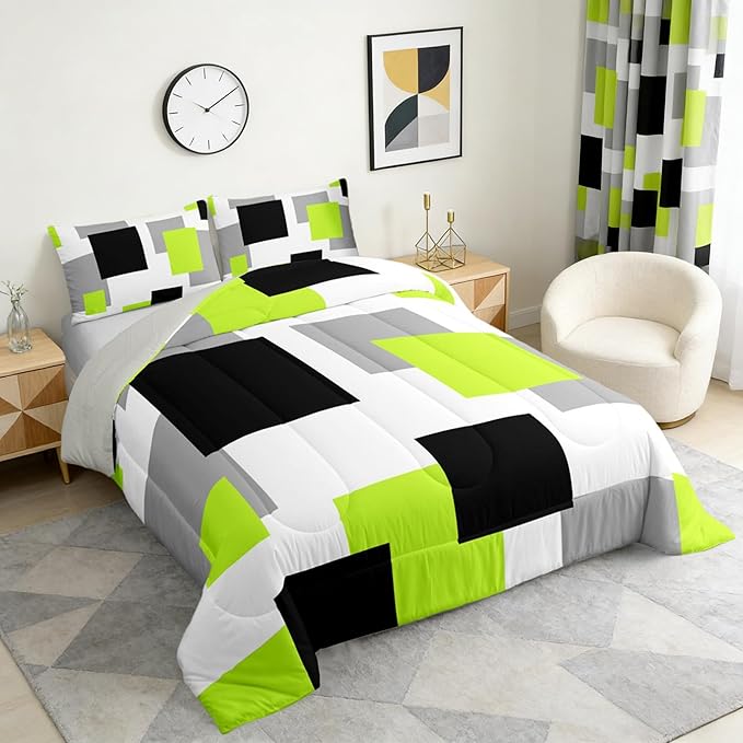 Castle Fairy Green Grey White Kids Comforter Set,Modern Abstract Duvet Set for Room Decor,Geometric Grid Square Splicing Brushed Microfiber Soft Quilt Cover,Full Size 3 PCS