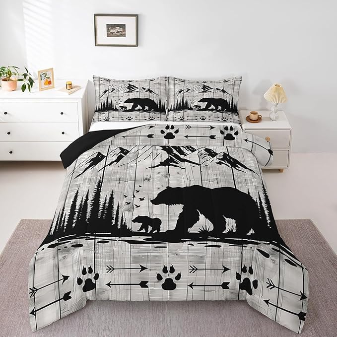 Feelyou Rustic Bear Comforter Set King Size, Wildlife Hunting Theme Quilt Set with 2 Pillowcases, Western Wild Animal Bedding Set 3Pcs for Kids Boys Teens Room Decor, Wooden Board Duvet Insert