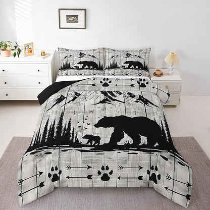 Feelyou Rustic Bear Comforter Set Toddler Size, Wildlife Hunting Theme Quilt Set with 2 Pillowcases, Western Wild Animal Bedding Set 2pcs for Kids Boys Teens Room Decor, Wooden Board Duvet Insert