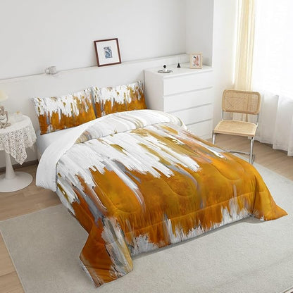 Orange Bedding Set King Gradient Stripe Comforter Set, Modern Oil Painting Graffiti Duvet Insert Watercolor Abstract Artwork Quilt Sets, Aesthetic Chic Vintage Bedding Comforters & Sets Lightweight