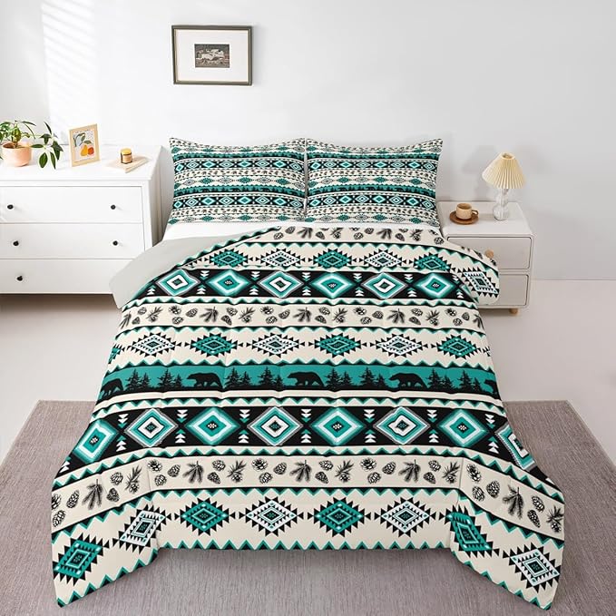 Southwest Tribal Style Bear Wild Animals Comforter/Duvet Set King Size,Green Aztec Pattern Ultra Soft Bed Collection,Ethnic Geometric Stripes Bedding for Room Decor 3 Pcs,Microfiber Breathable