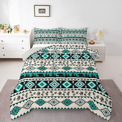 Green Aztec Pattern Kids Comforter Set,Ethnic Geometric Stripes Down Alternative Adults Bedroom Decor,Southwest Tribal Style Bear Wild Animals Ultra Soft Inner Fill 3Pcs Bedding Queen Size