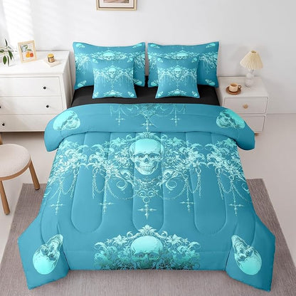 Erosebridal Gothic Bed in a Bag King Size Comforter Set 7 Pieces,Goth Sugar Skull Bedding Set,Cyan Teal Damask Bohemian Vintage Floral Comforter and Sheet Set,Exotic Antique Victorian Baroque Decor