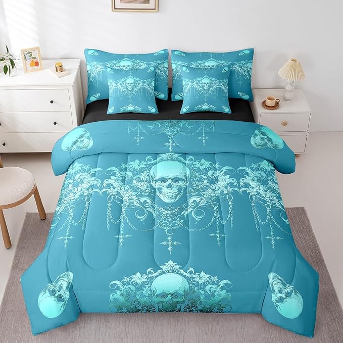 Erosebridal Gothic 7 Piece Comforter Set Full Bed in a Bag,Goth Sugar Skull Bedding Set,Cyan Teal Damask Bohemian Vintage Floral Comforter and Sheet Set,Exotic Antique Victorian Baroque Decor