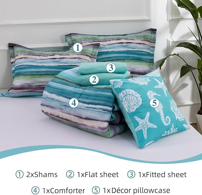 Holawakaka Beach Stripe Bedding Sets 6 Pieces, Aqua Coastal Striped Comforter Set Queen Size All Season Geometric Bed Set, Nautical Bed in a Bag with Comforter, Sheets and Shams