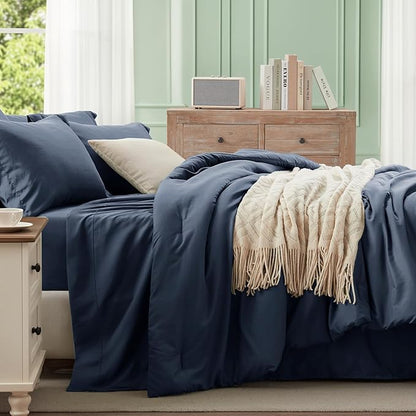 Anluoer Navy Blue King Comforter Set 7 Pieces, Bed in a Bag with Sheets, All Season Bedding Sets with 1 Comforter, 2 Pillow Shams, 2 Pillowcases, 1 Flat Sheet, 1 Fitted Sheet