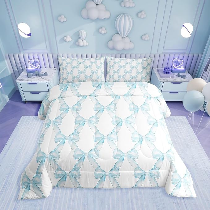 Erosebridal Ribbon Bow Girls King Bedding Set Blue White Bowknot Comforter Set Princess Style Bow Tie Bedding Comforter Sets Dreamy Watercolor Bowknot Quilt Duvet for Kids Bedroom Decor