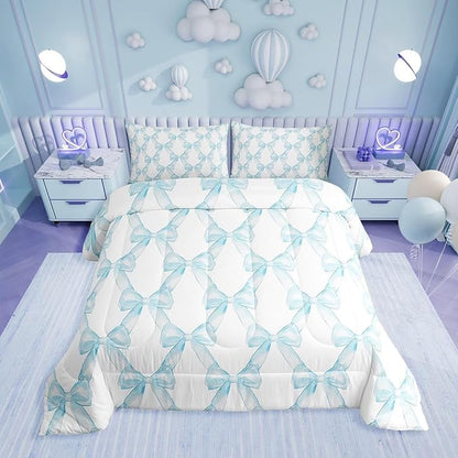 Erosebridal Ribbon Bow Girls King Bedding Set Blue White Bowknot Comforter Set Princess Style Bow Tie Bedding Comforter Sets Dreamy Watercolor Bowknot Quilt Duvet for Kids Bedroom Decor