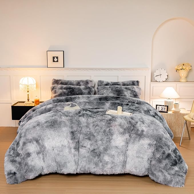 chovy Faux Fur Tie-Dyed Black White Gray Colorful Comforter Sets Queen - 3PC Bed Set Ultra Soft Plush Flannel Velvet Fluffy Fuzzy Bedding（Comforter x 1 Pillowcases x 2）