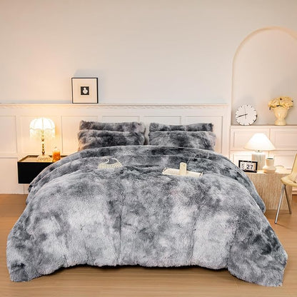 chovy Faux Fur Plush Tie-Dyed Black White Gray Colorful Comforter Sets Twin/Full Size - Ultra Soft Shaggy Flannel Velvet Fluffy Fuzzy 3PC Bedding Set (Comforter x 1 Pillowcases x 2)