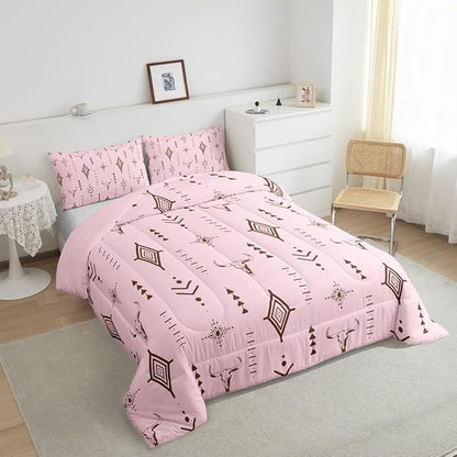 Feelyou Pink Western Bull Skull Comforter Set Boho Ethnic Horns Twin Size Bedding Set Kids Adult Tribal Symbol Mysterious Aztec Comforter Soft